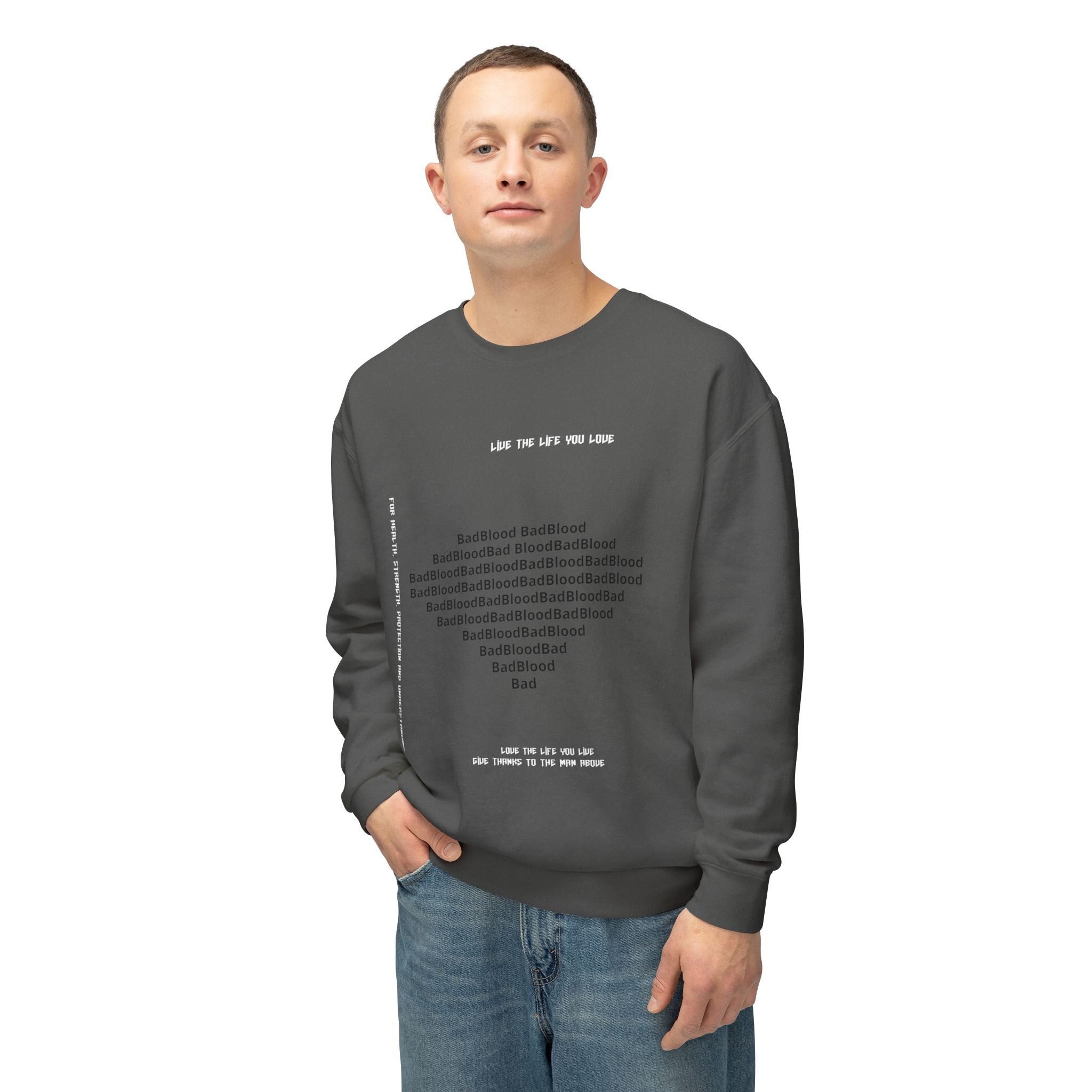 Minimalist Heart Text Crewneck Sweatshirt — Subtle Typographic Love Design
