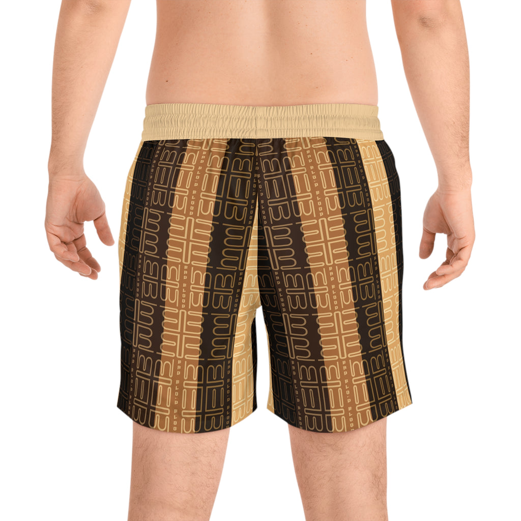 Brown Geometric Stripe Swim Shorts | Men's Mid-Length Swim Shorts