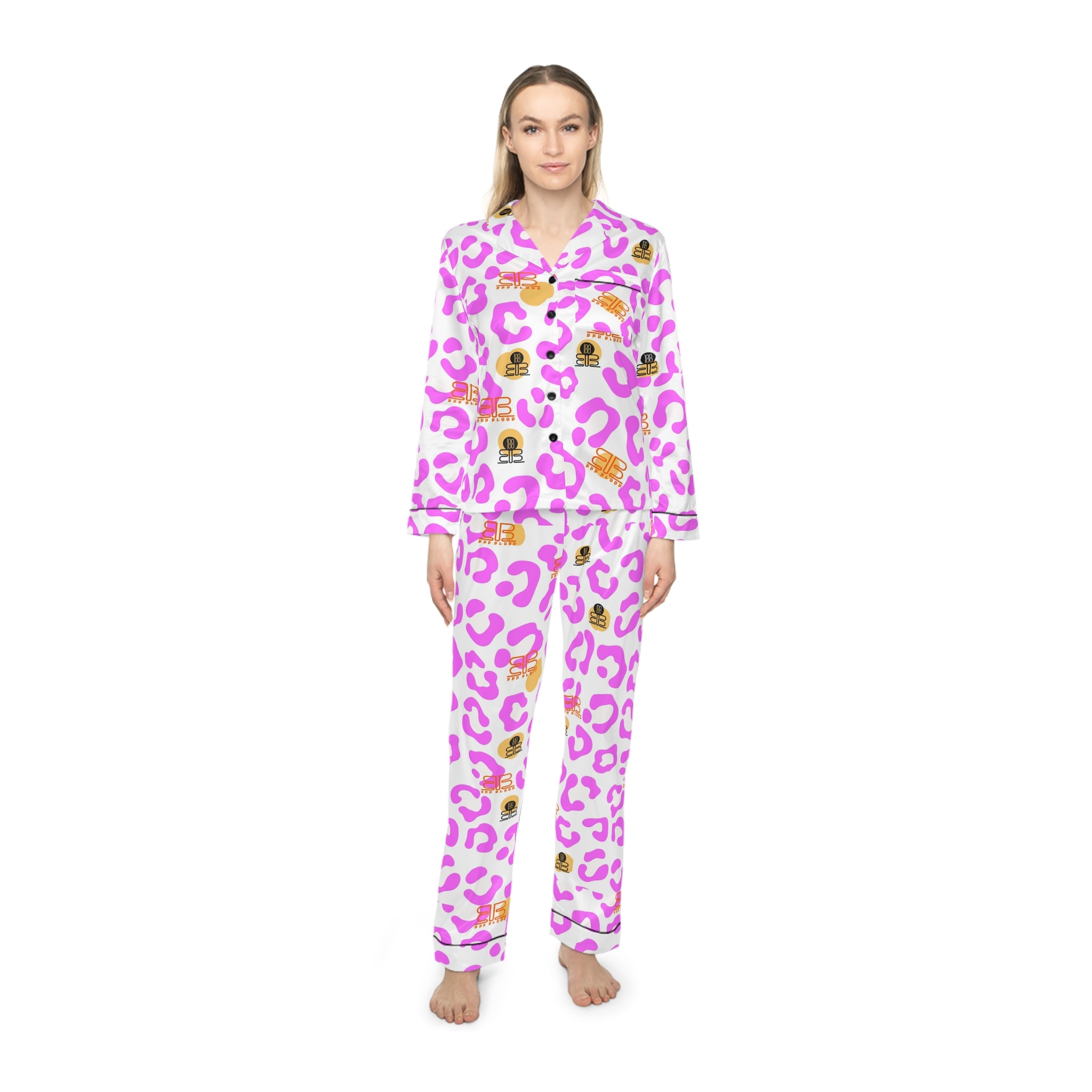 Pink Leopard Satin Pajama Set – Women’s Cute Animal Print Sleepwear