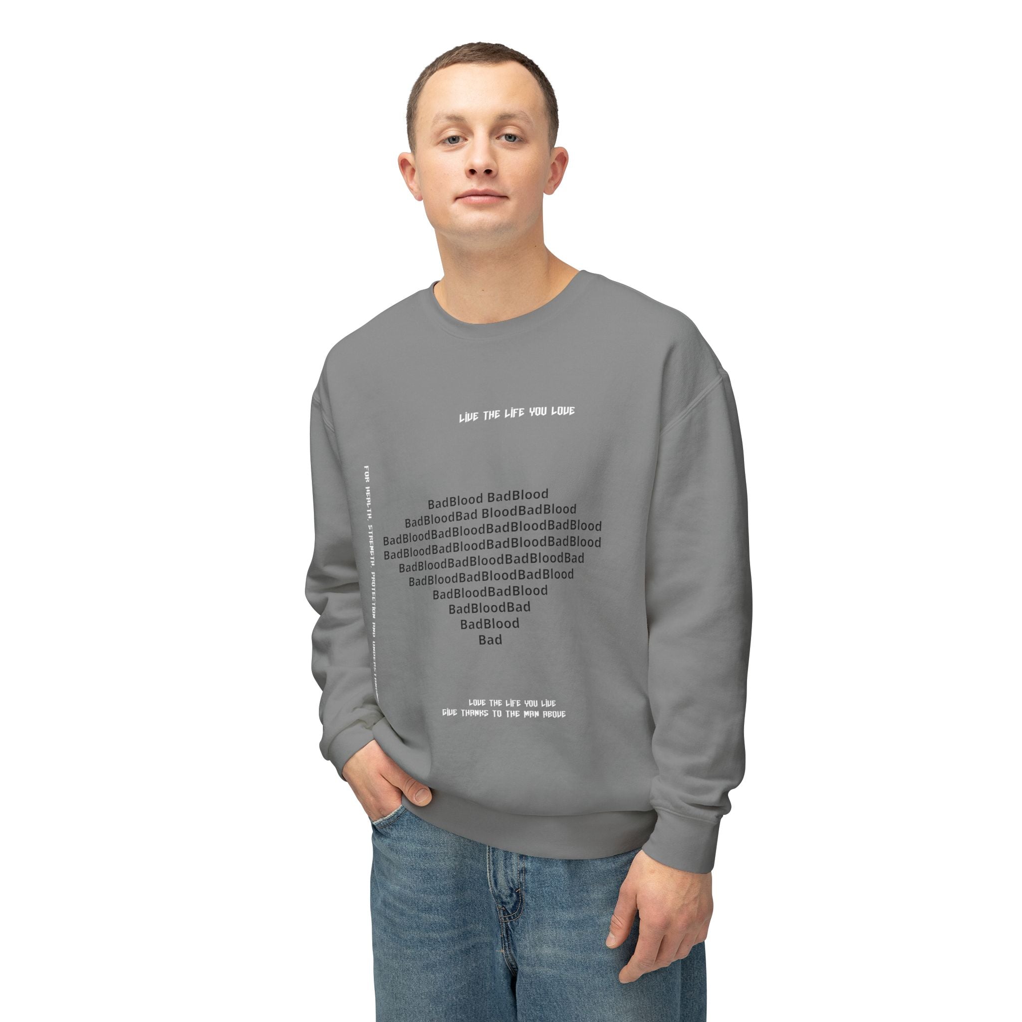 Minimalist Heart Text Crewneck Sweatshirt — Subtle Typographic Love Design