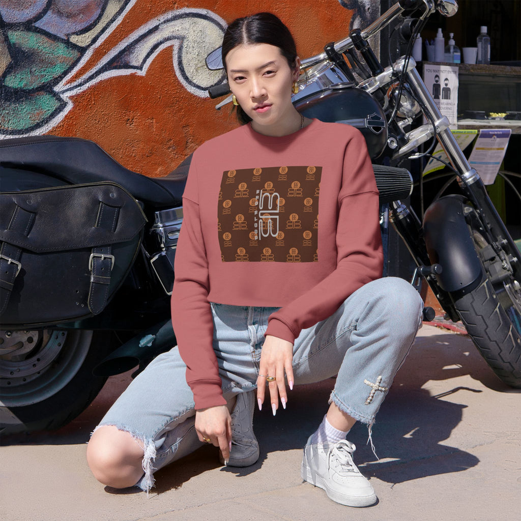 Retro Monogram Cropped Sweatshirt | Brown Geometric Logo Pattern, Streetwear Top