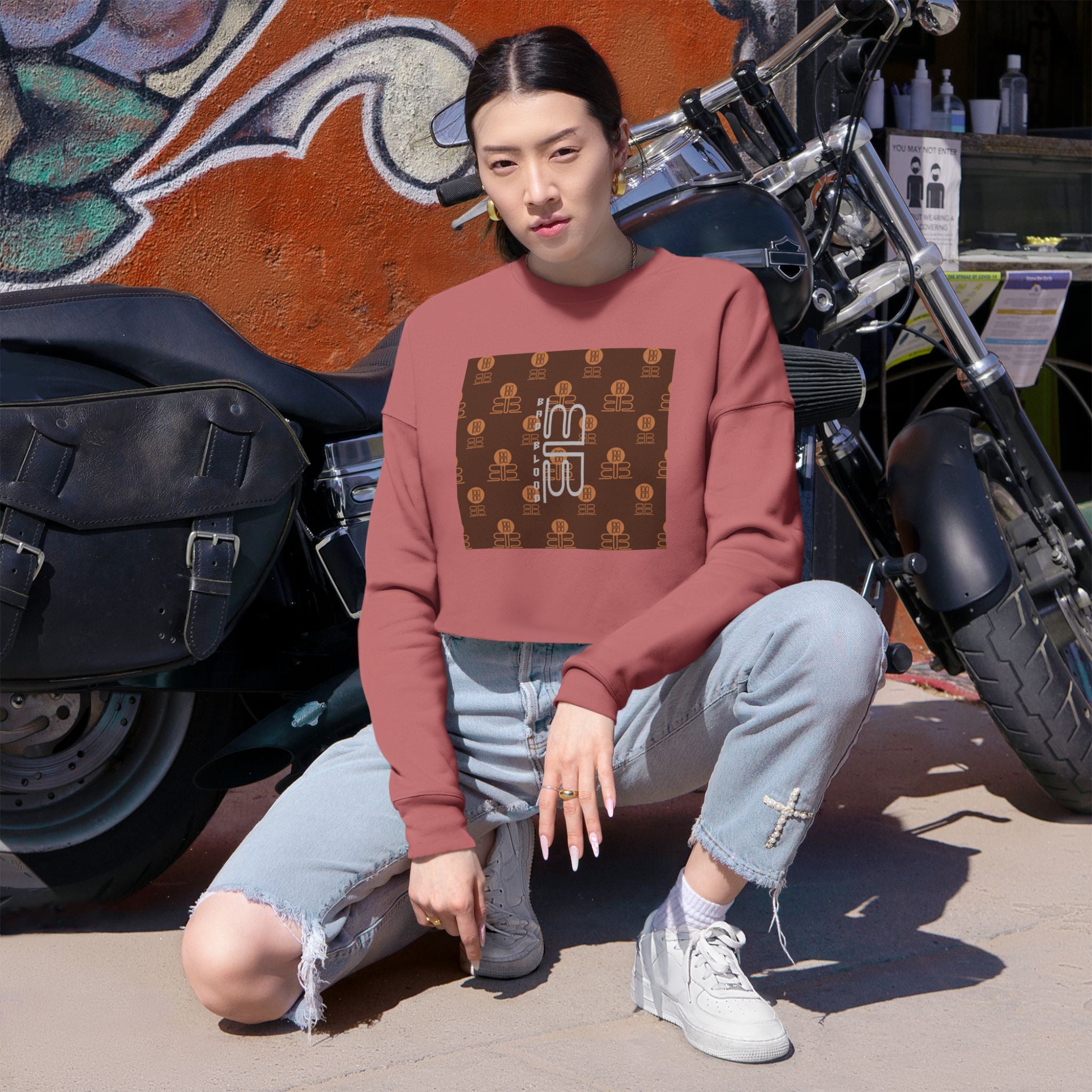 Retro Monogram Cropped Sweatshirt | Brown Geometric Logo Pattern, Streetwear Top