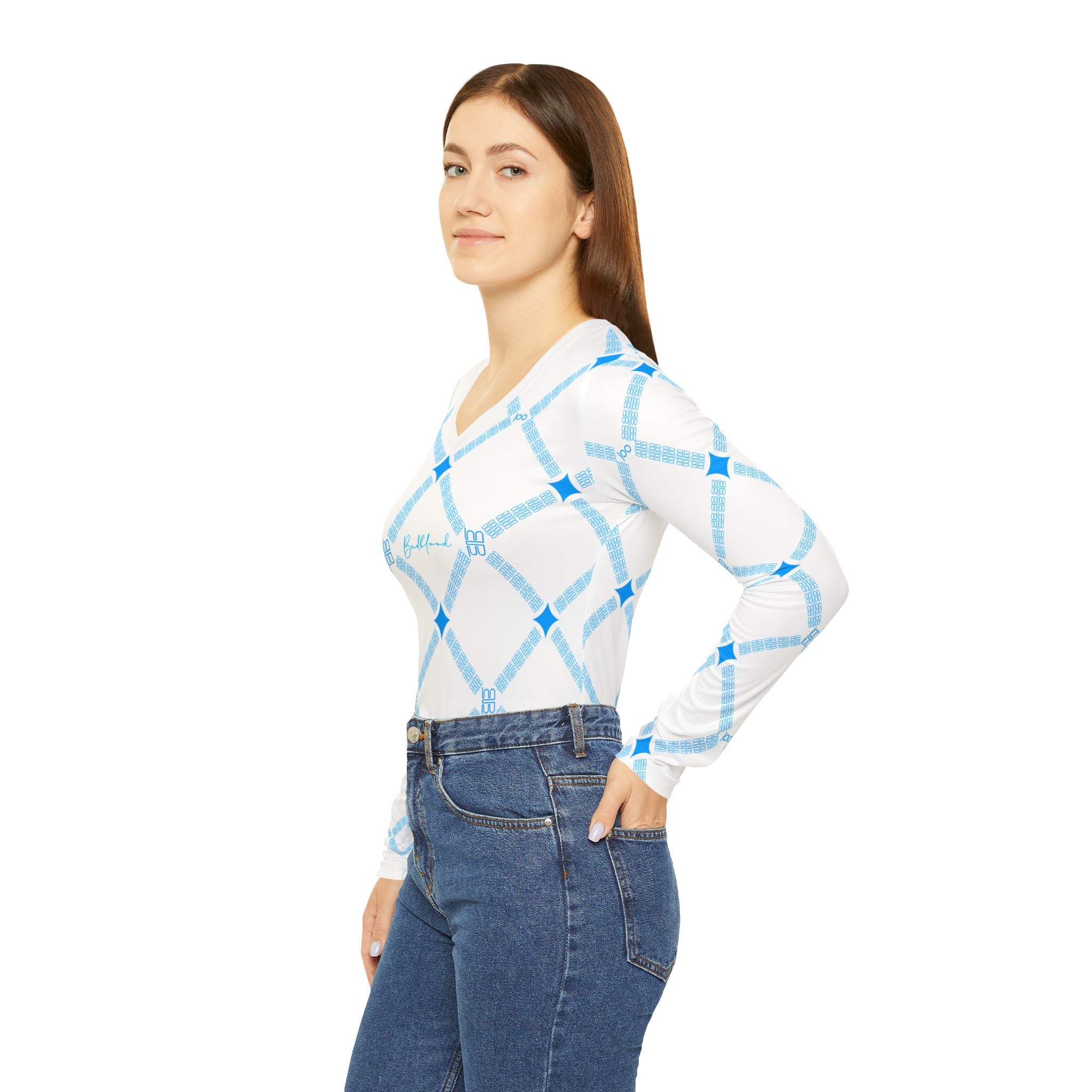 Geometric Pattern V-Neck Top for Women | Lightweight Long Sleeve Shirt