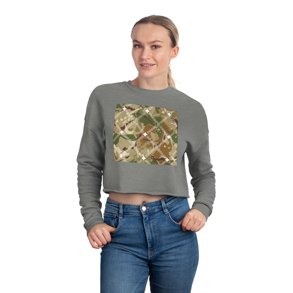Cropped Sweatshirt — Earthy Camo Plaid Graphic