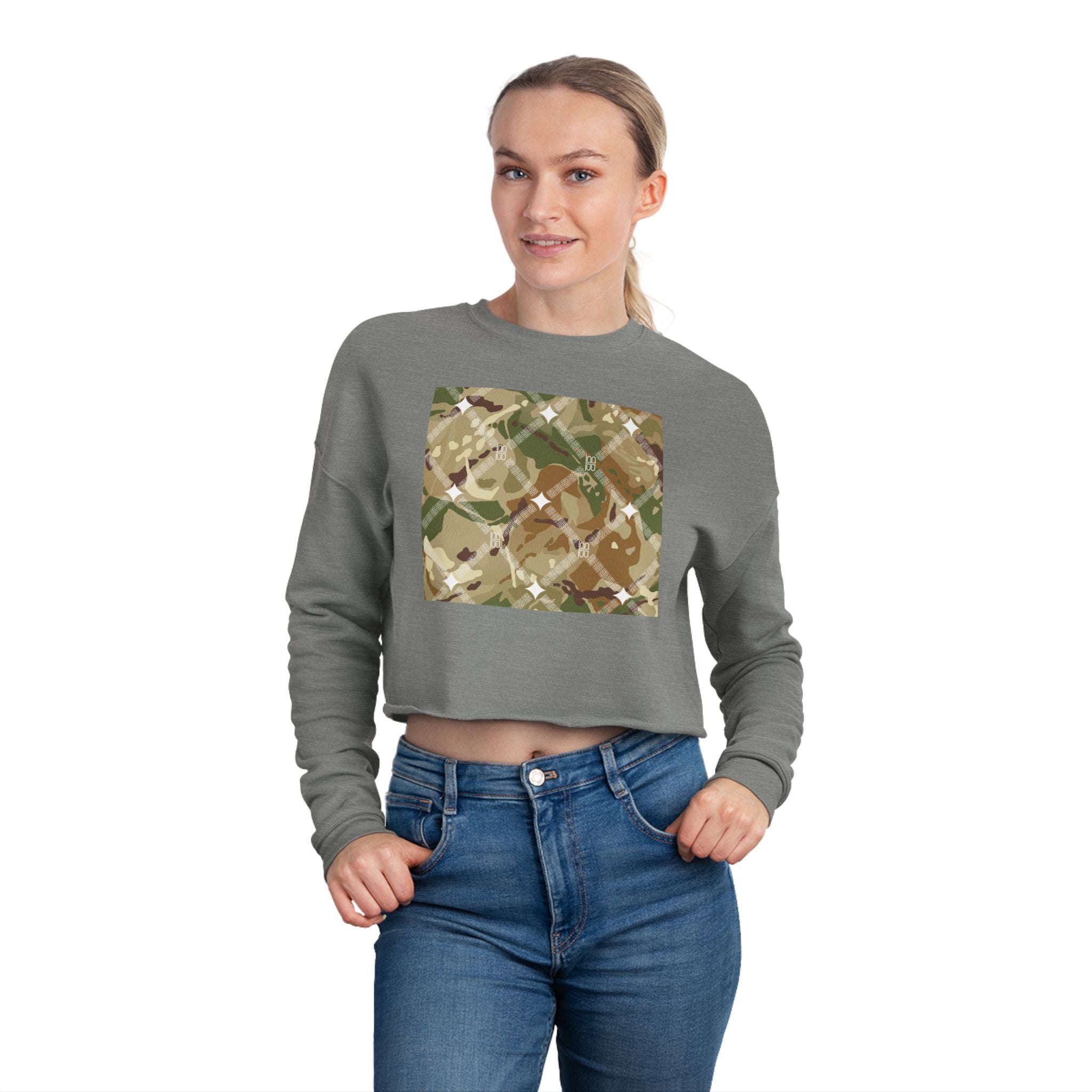 Cropped Sweatshirt — Earthy Camo Plaid Graphic