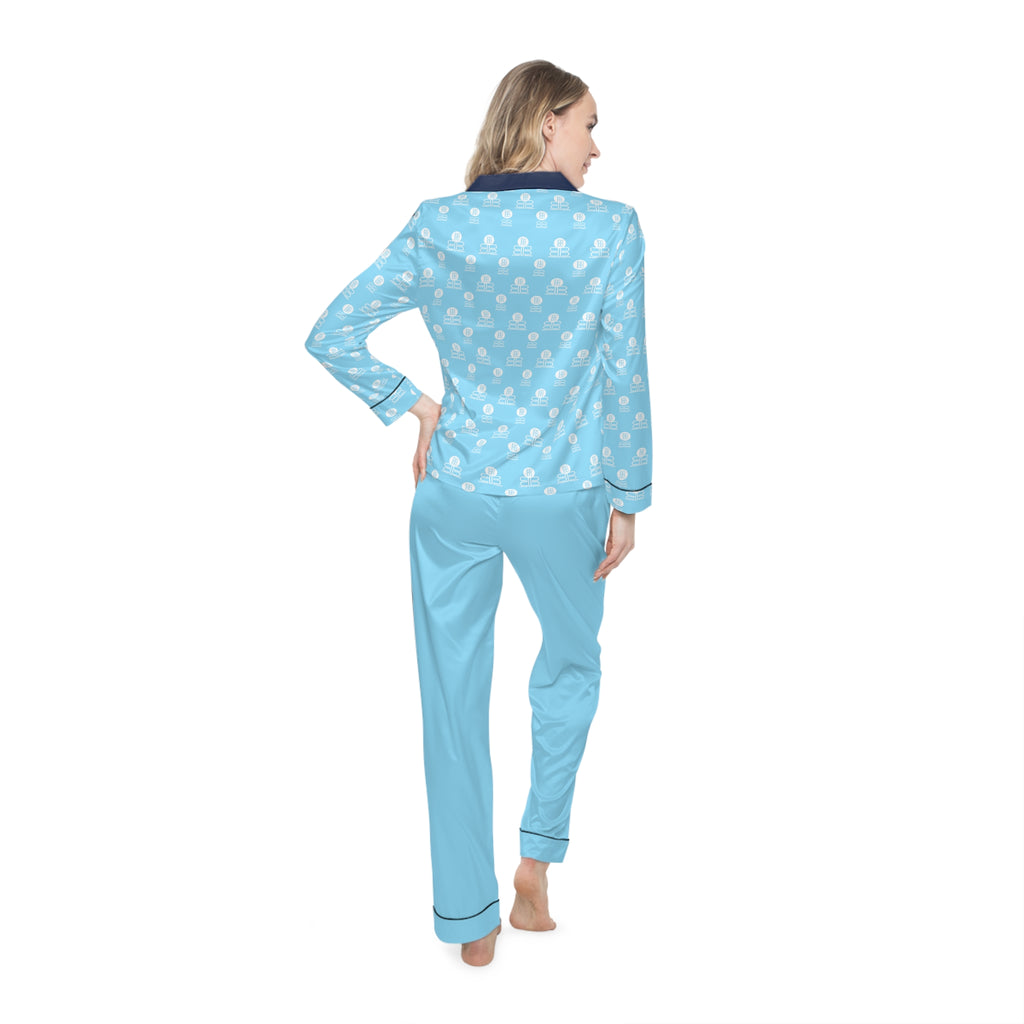 Blue Satin Women's Pajama Set —  Long Sleeve Lounge PJs