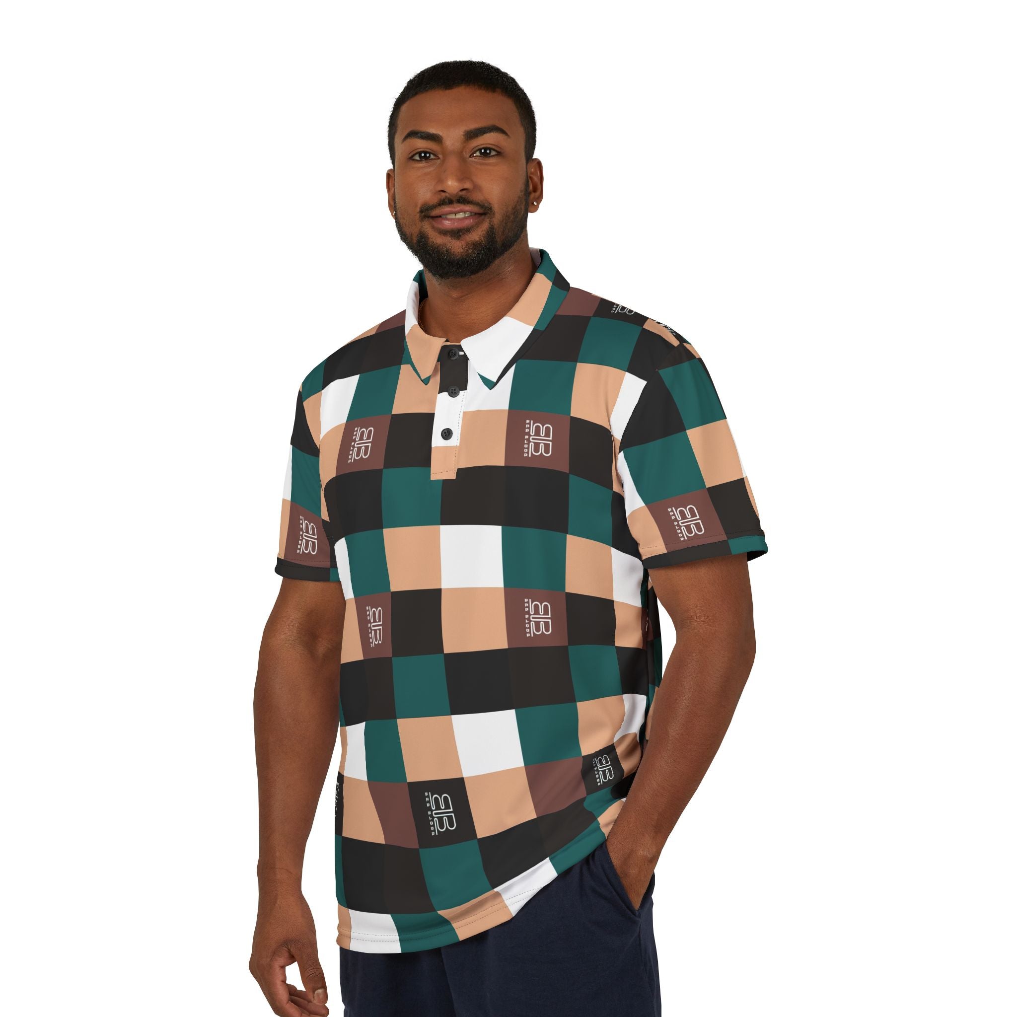 BB Plaid Polo Shirt — Teal, Brown & Beige Checkered Performance Tee
