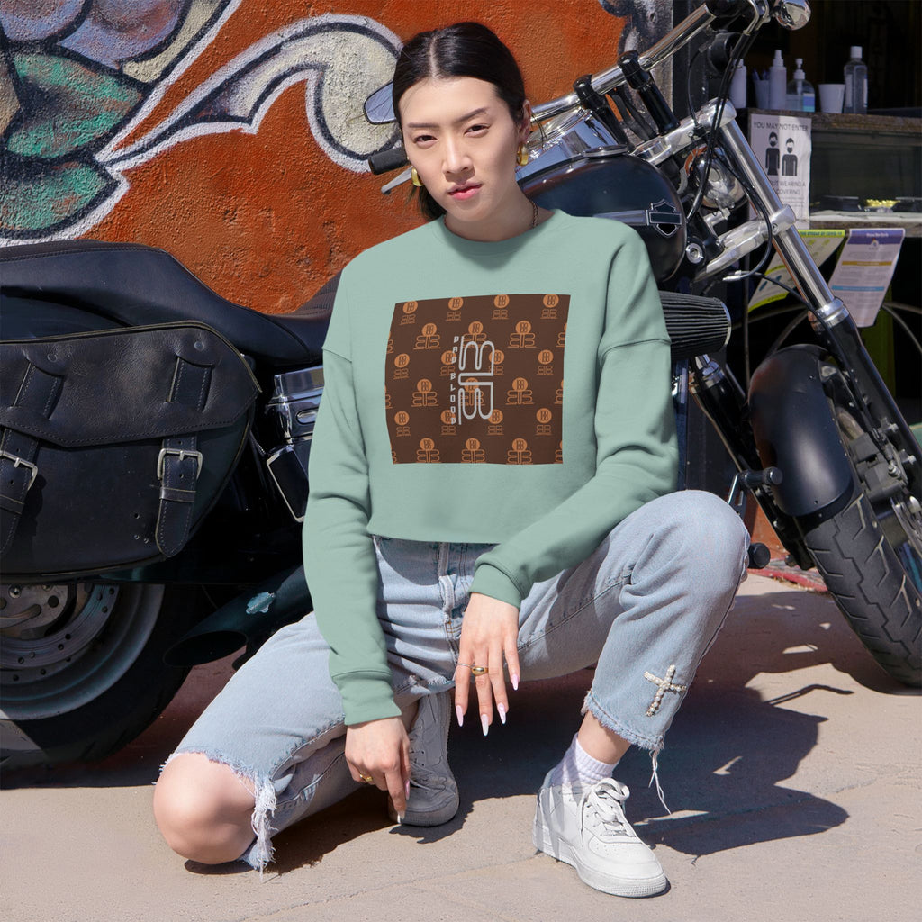 Retro Monogram Cropped Sweatshirt | Brown Geometric Logo Pattern, Streetwear Top