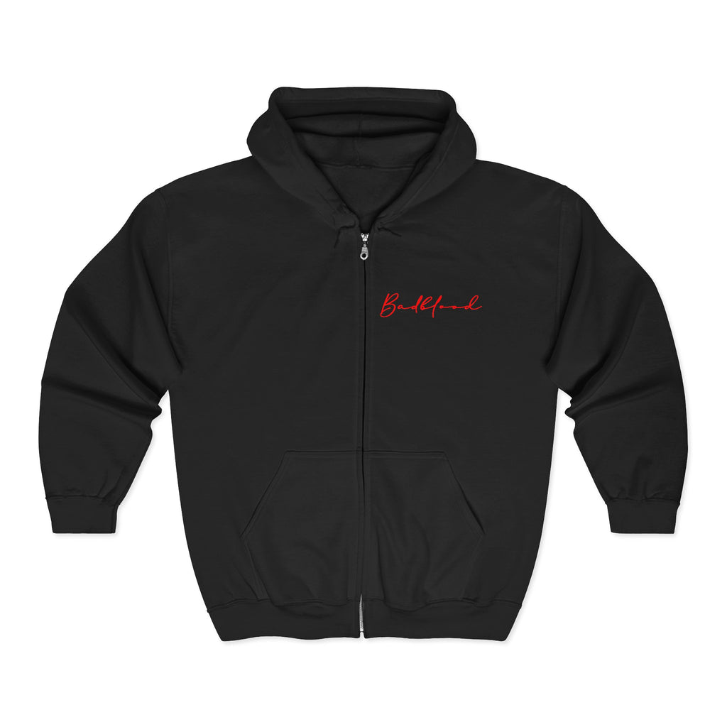 Lion Graphic Zip Hoodie — 'BeadBlood' Signature Script Chest, Bold Back Lion Design