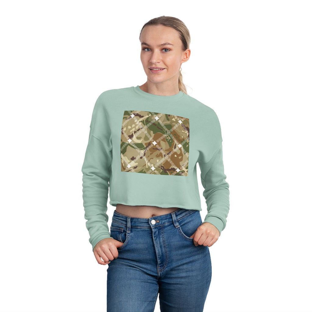 Cropped Sweatshirt — Earthy Camo Plaid Graphic