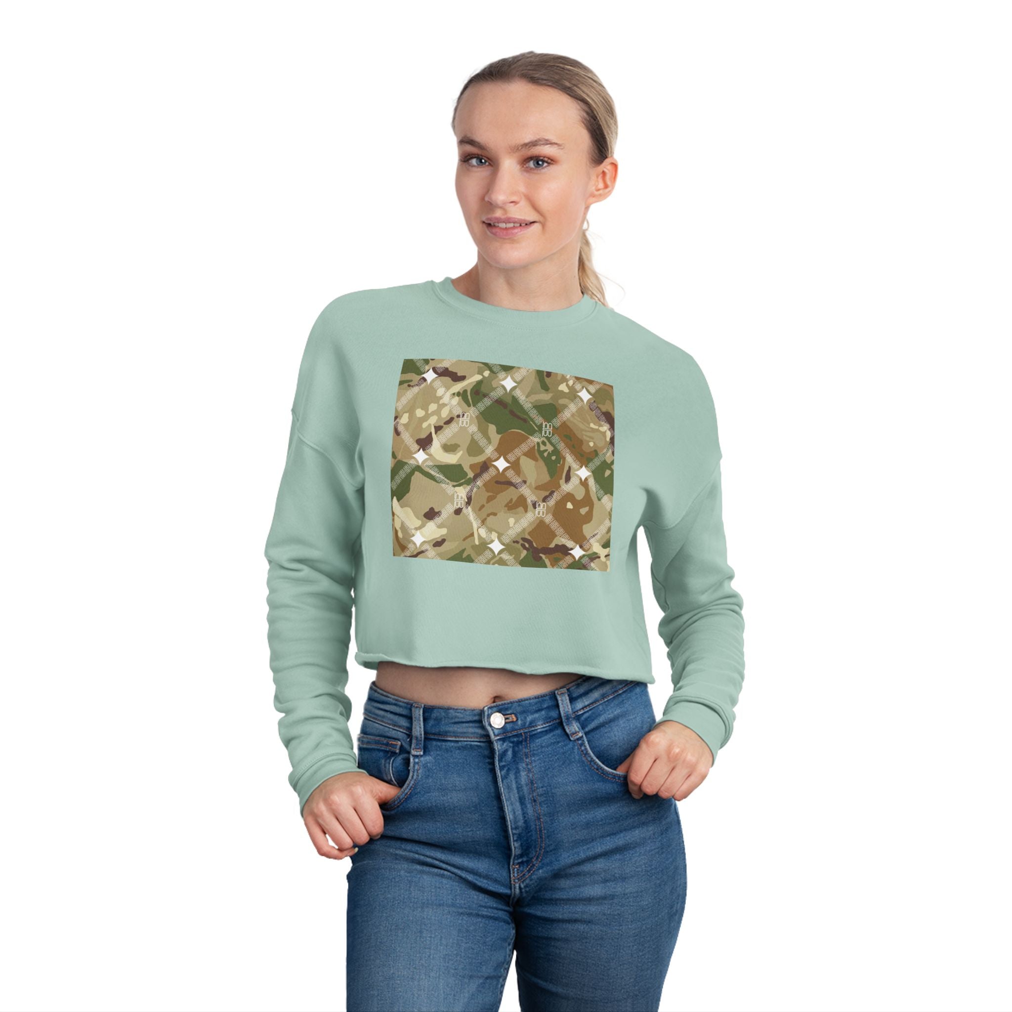 Cropped Sweatshirt — Earthy Camo Plaid Graphic