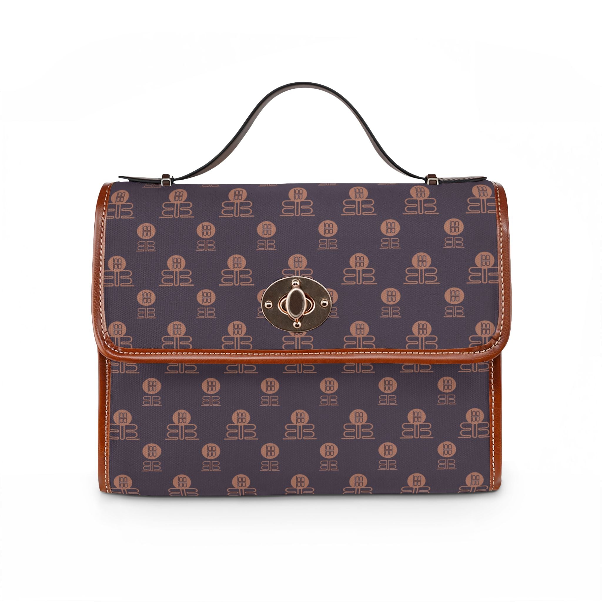 Mauve Waterproof Canvas Satchel Bag — Classic Monogram Messenger with Leather Trim