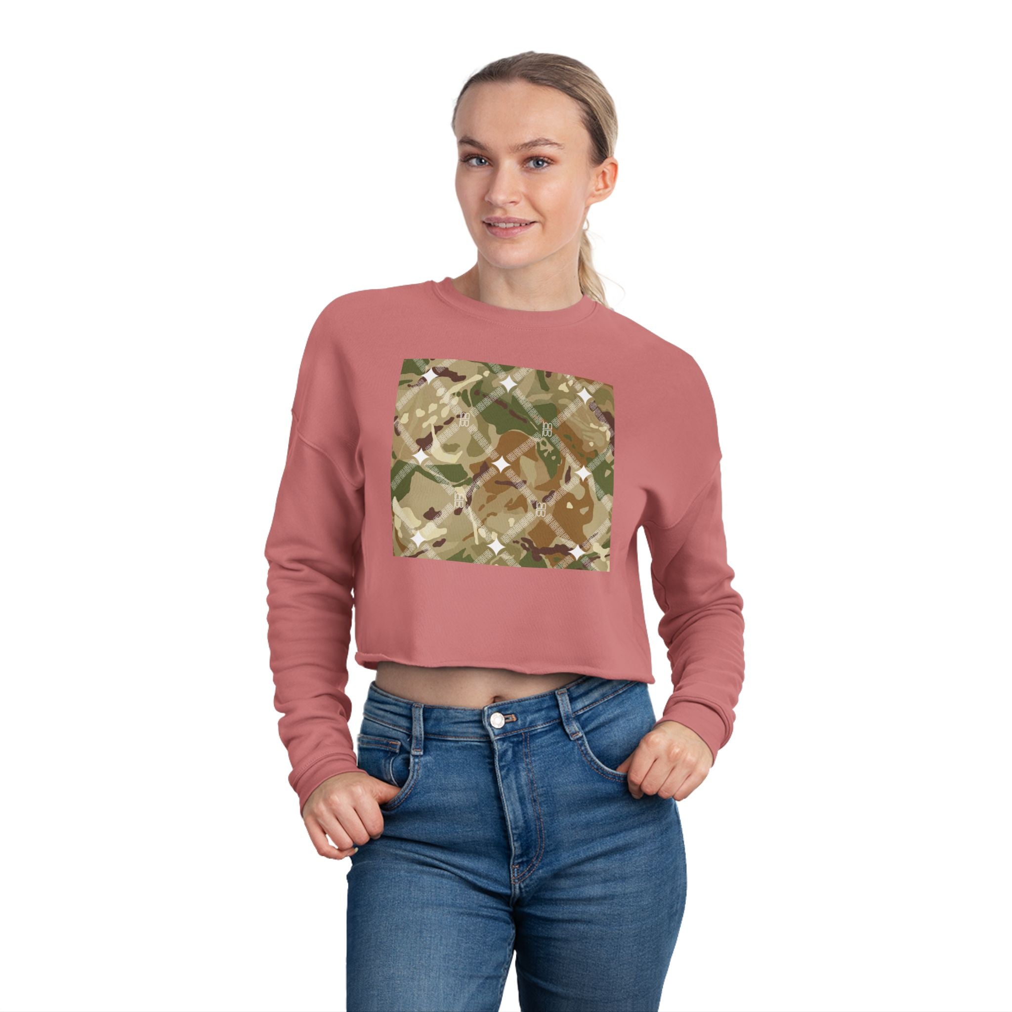 Cropped Sweatshirt — Earthy Camo Plaid Graphic