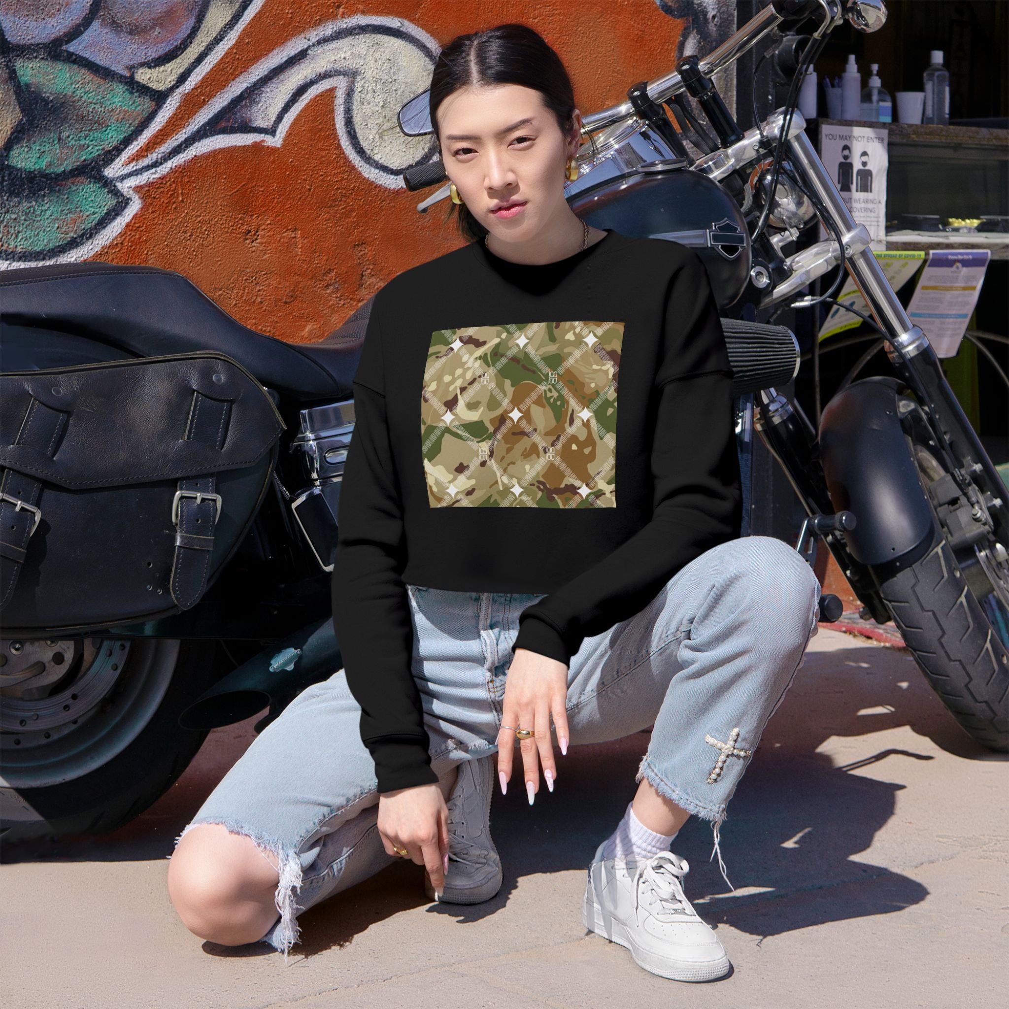 Cropped Sweatshirt — Earthy Camo Plaid Graphic