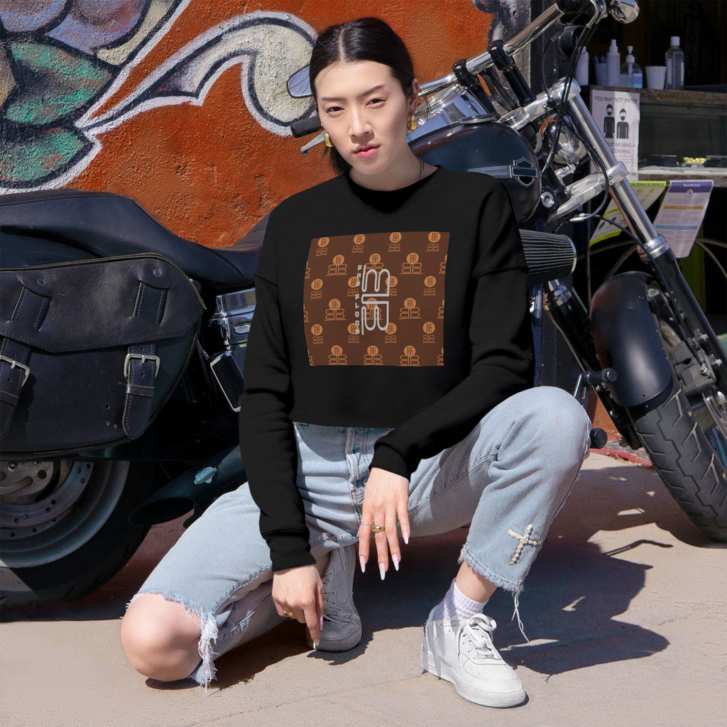 Retro Monogram Cropped Sweatshirt | Brown Geometric Logo Pattern, Streetwear Top