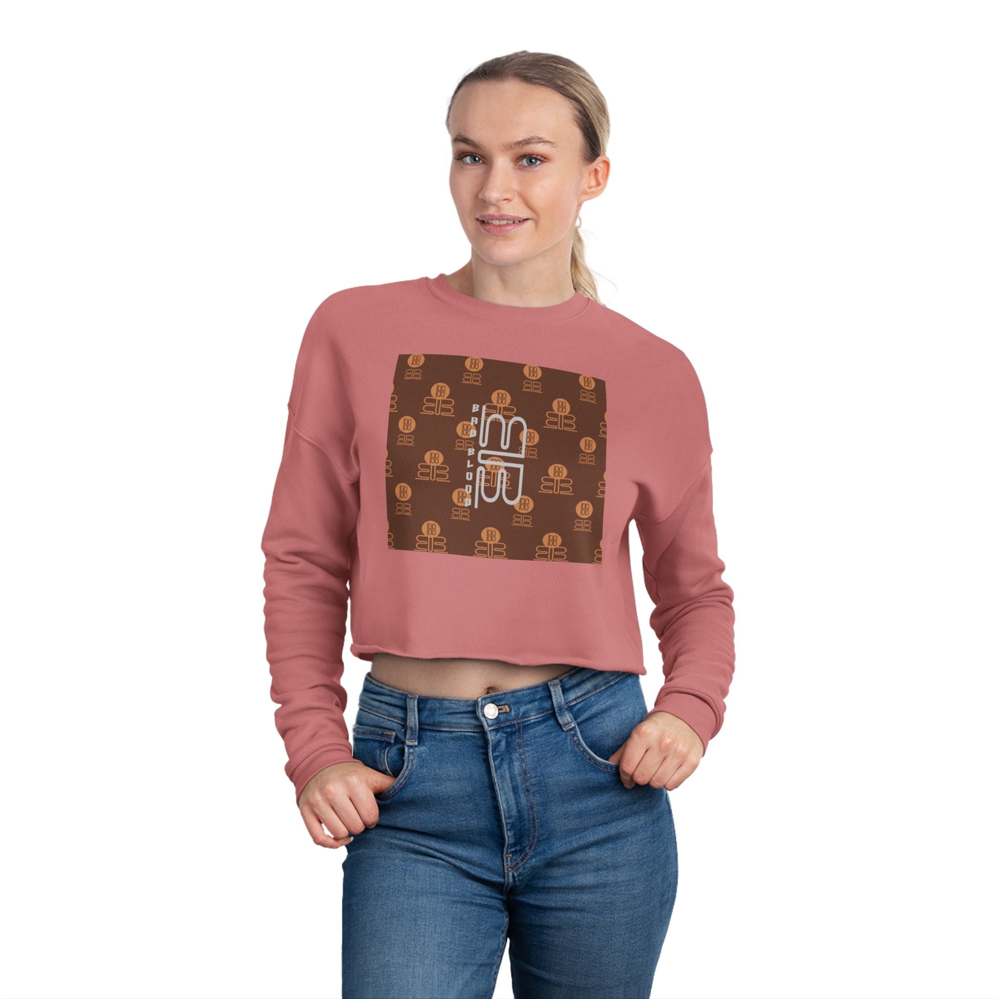 Retro Monogram Cropped Sweatshirt | Brown Geometric Logo Pattern, Streetwear Top