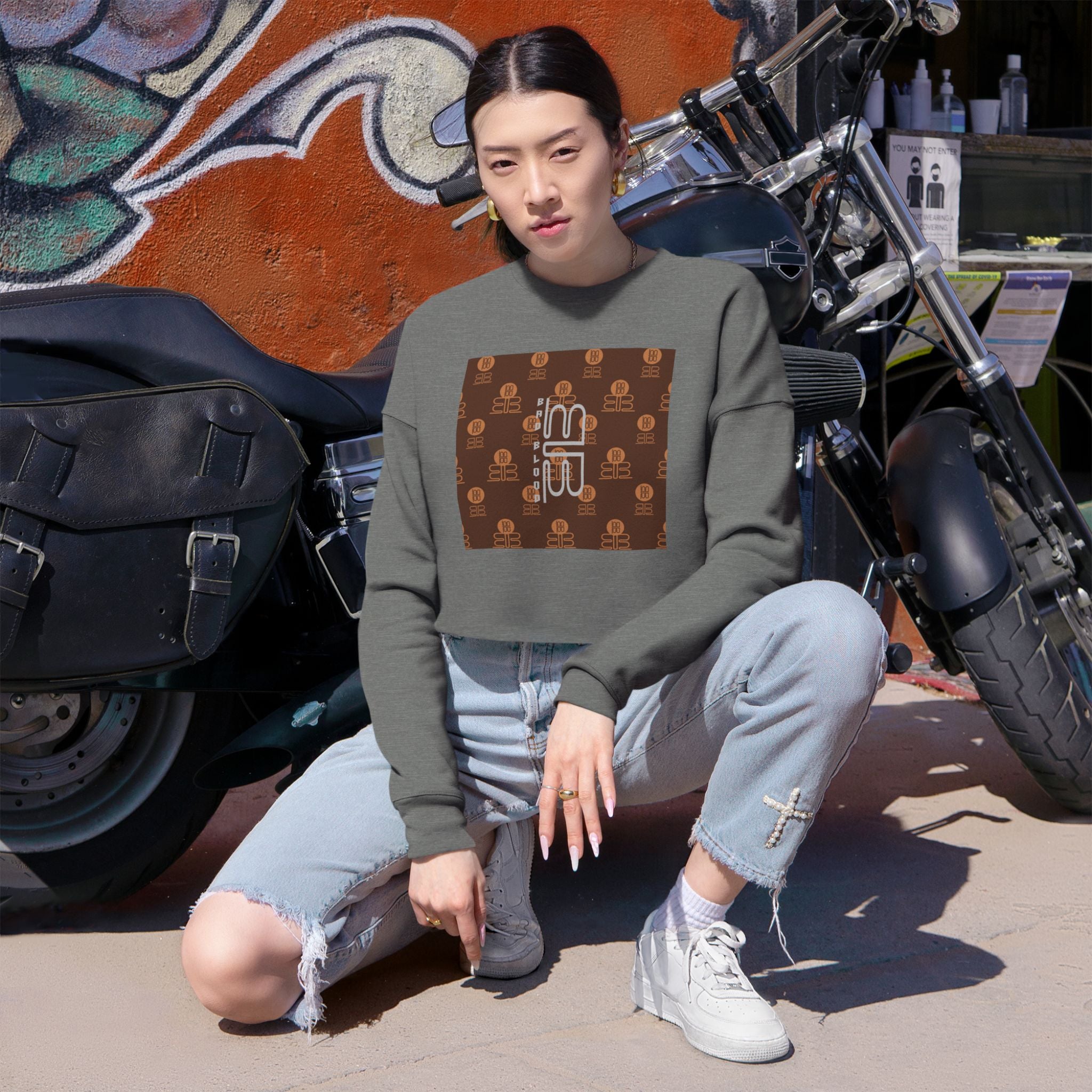 Retro Monogram Cropped Sweatshirt | Brown Geometric Logo Pattern, Streetwear Top