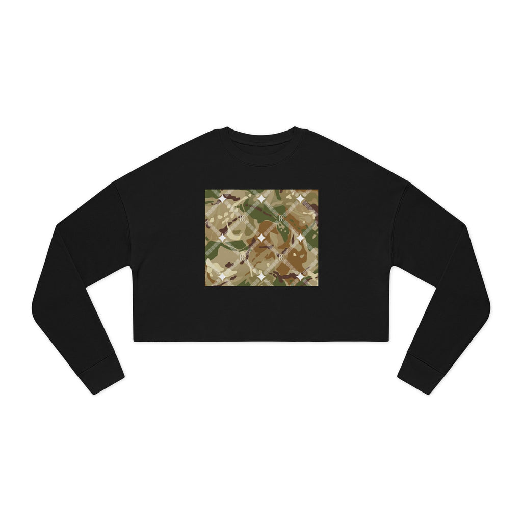 Cropped Sweatshirt — Earthy Camo Plaid Graphic