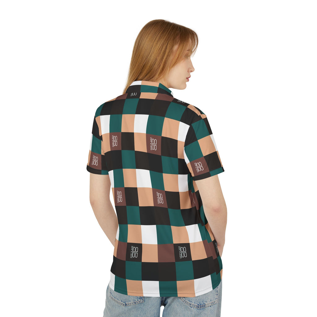 BB Plaid Polo Shirt — Teal, Brown & Beige Checkered Performance Tee