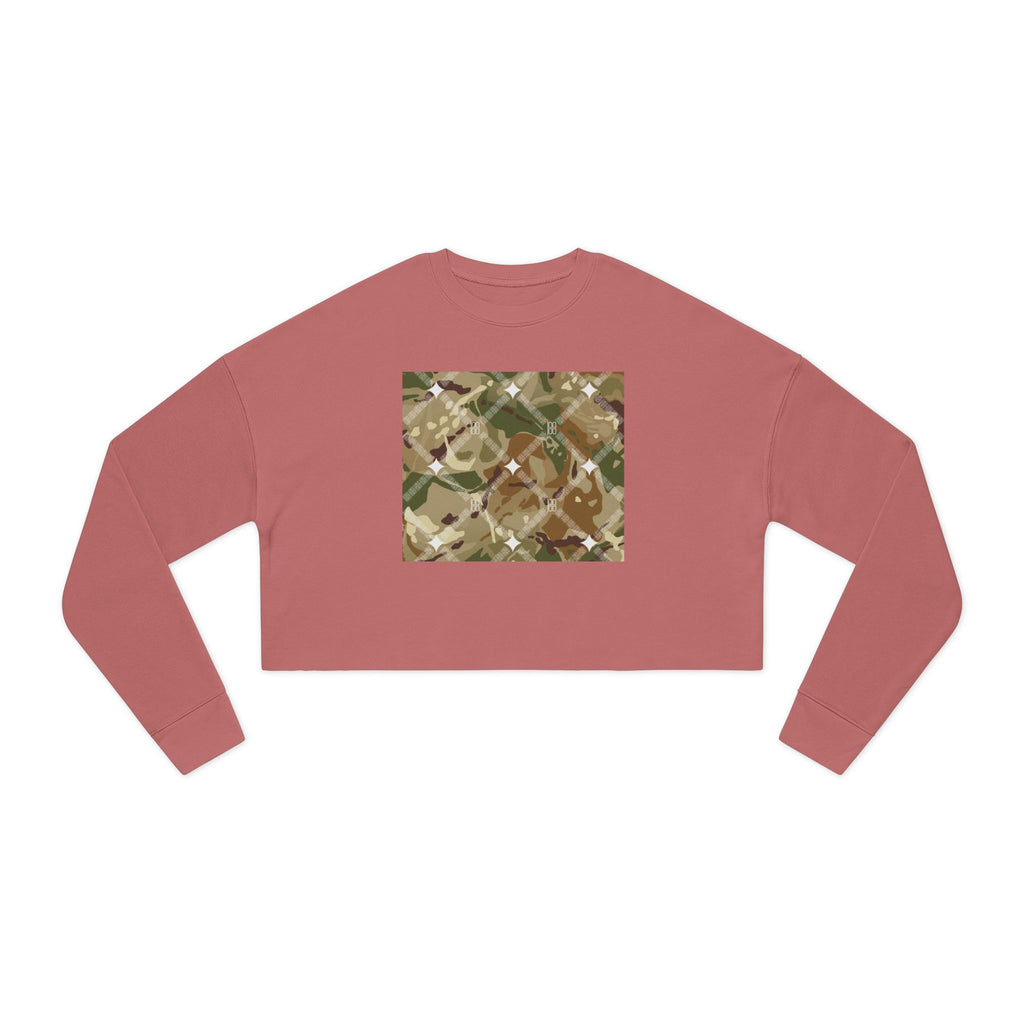 Cropped Sweatshirt — Earthy Camo Plaid Graphic