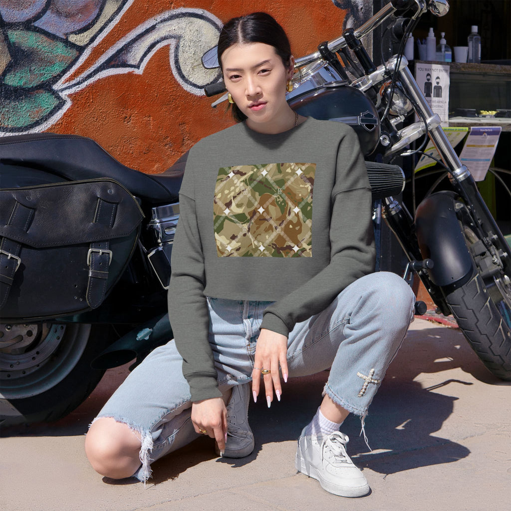 Cropped Sweatshirt — Earthy Camo Plaid Graphic