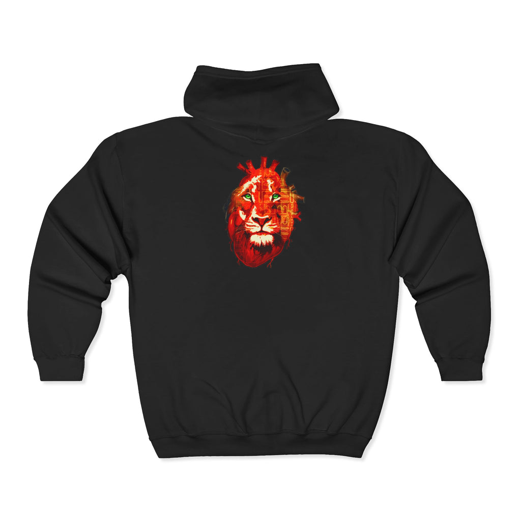 Heart of a Lion Graphic Zip Hoodie — 'BadBlood' Script Chest, Bold Back Lion Design