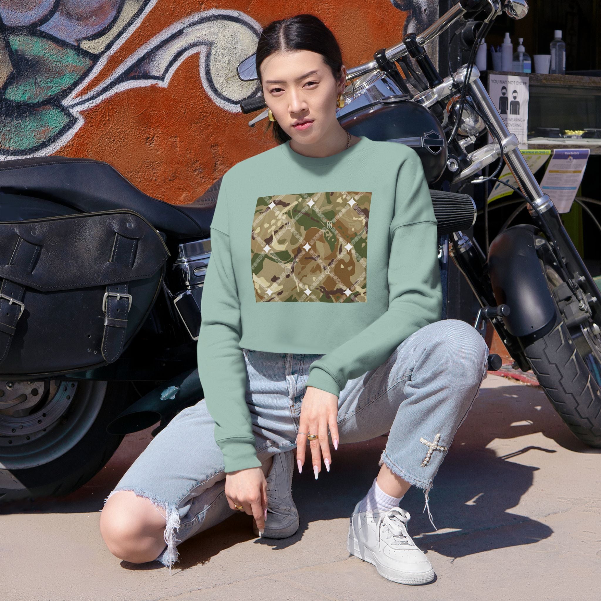 Cropped Sweatshirt — Earthy Camo Plaid Graphic