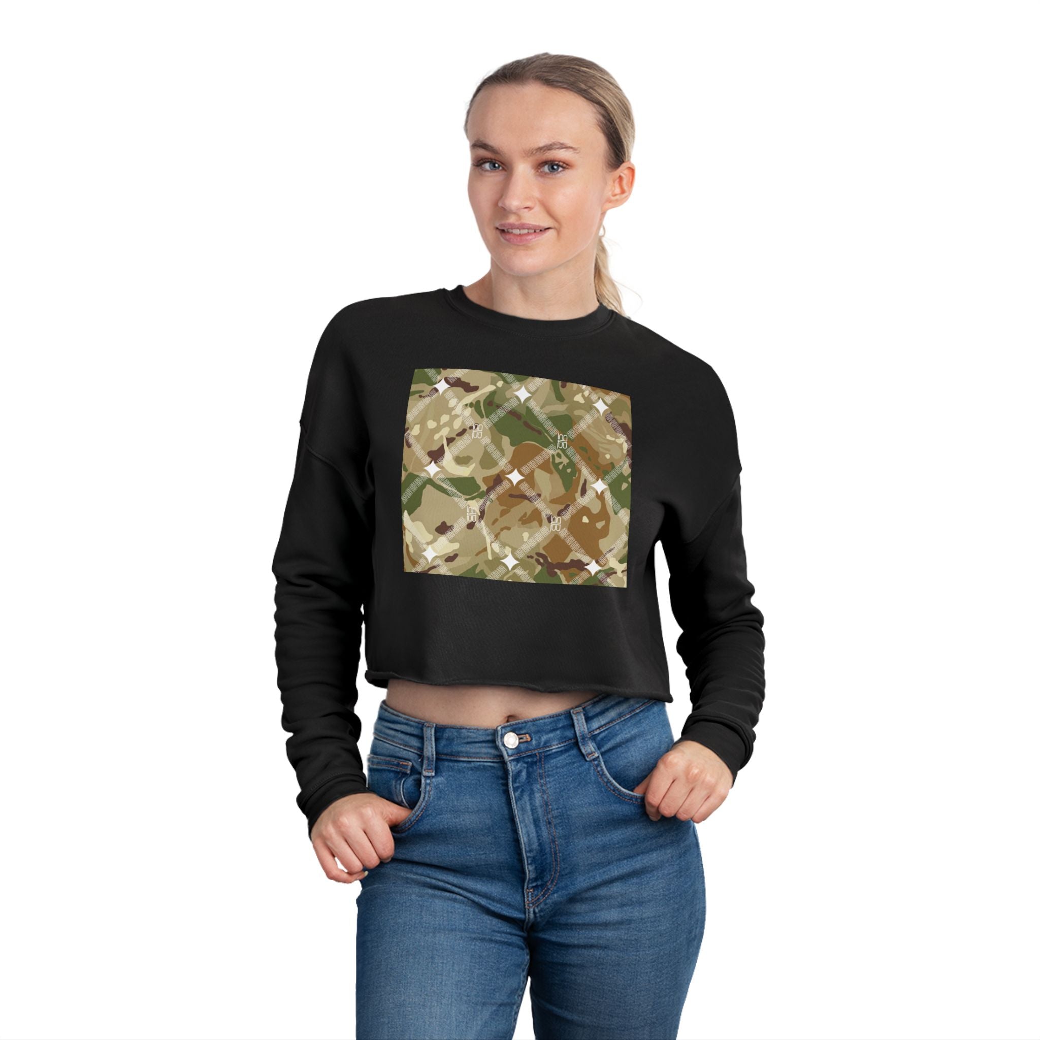 Cropped Sweatshirt — Earthy Camo Plaid Graphic