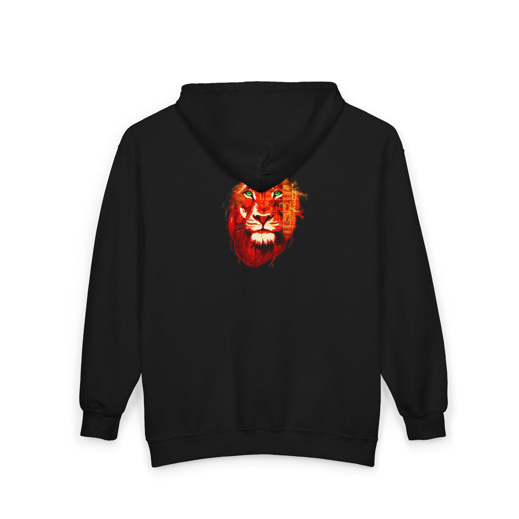 Heart of a Lion Graphic Zip Hoodie — 'BadBlood' Script Chest, Bold Back Lion Design