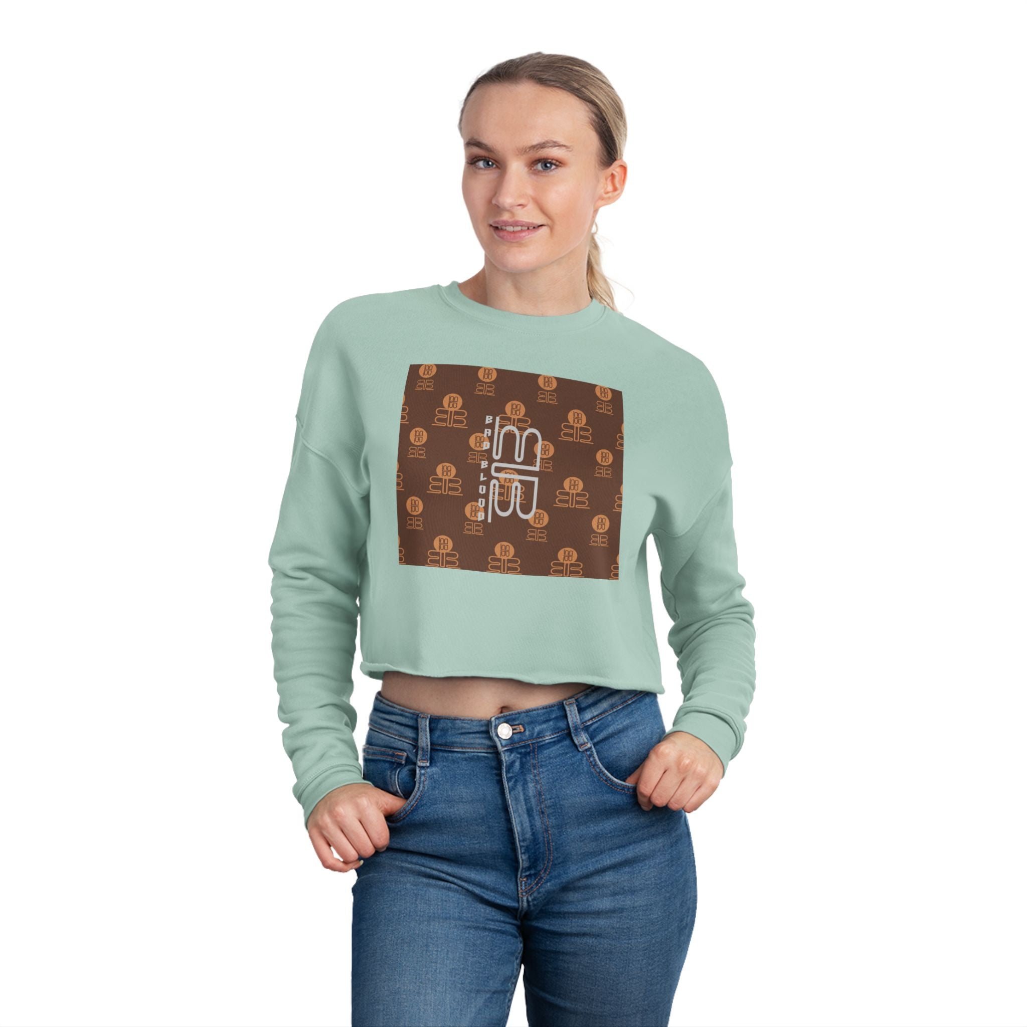 Retro Monogram Cropped Sweatshirt | Brown Geometric Logo Pattern, Streetwear Top