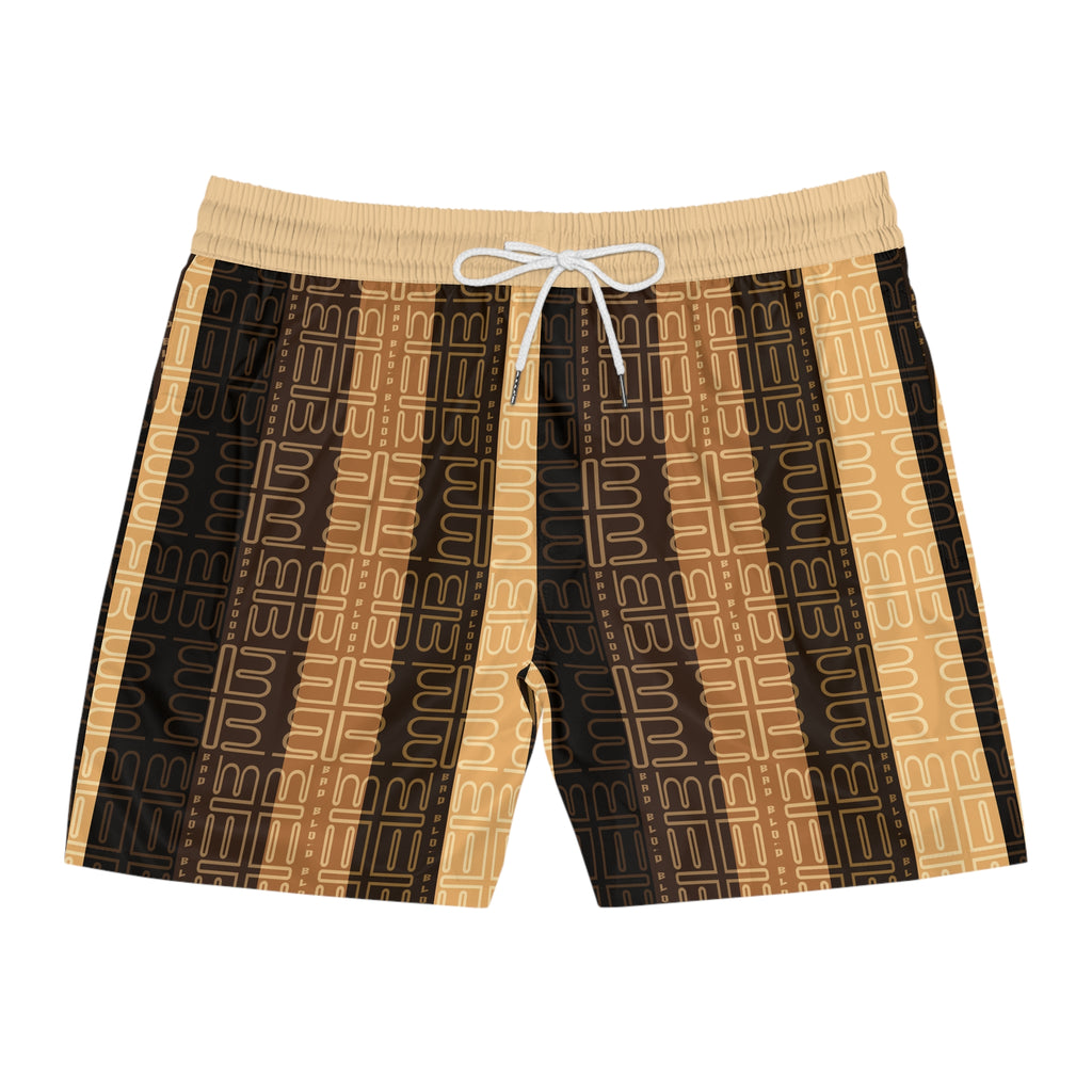 Brown Geometric Stripe Swim Shorts | Men's Mid-Length Swim Shorts