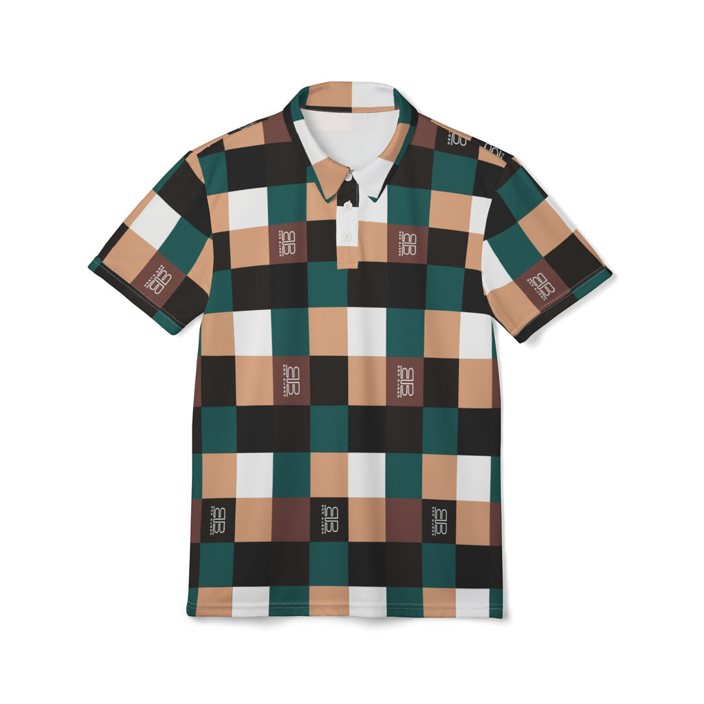 BB Plaid Polo Shirt — Teal, Brown & Beige Checkered Performance Tee