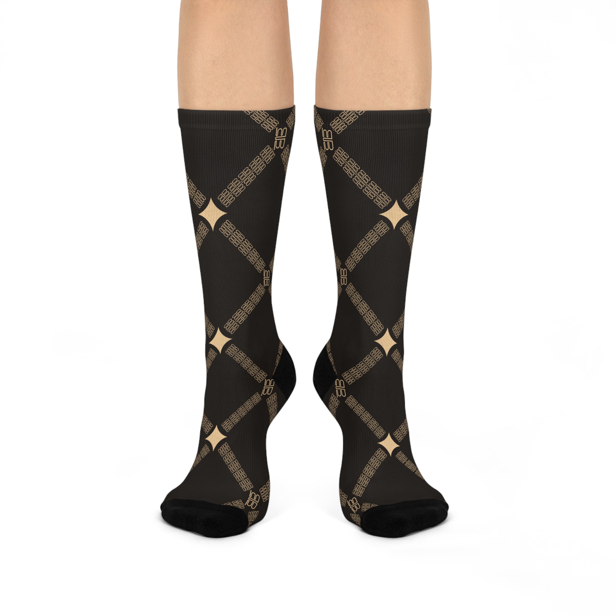 Diamond Argyle Pattern Cushioned Crew Socks | Brown Plaid Hosiery