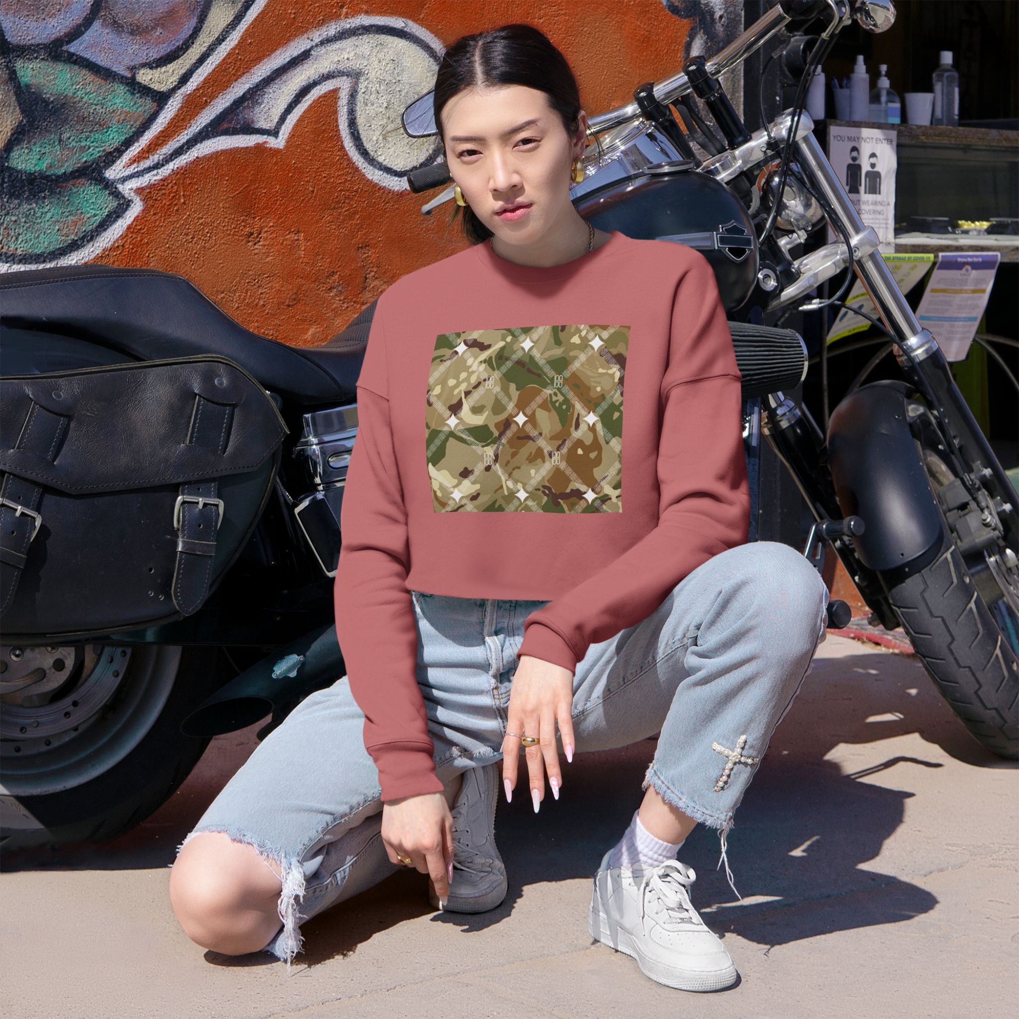 Cropped Sweatshirt — Earthy Camo Plaid Graphic
