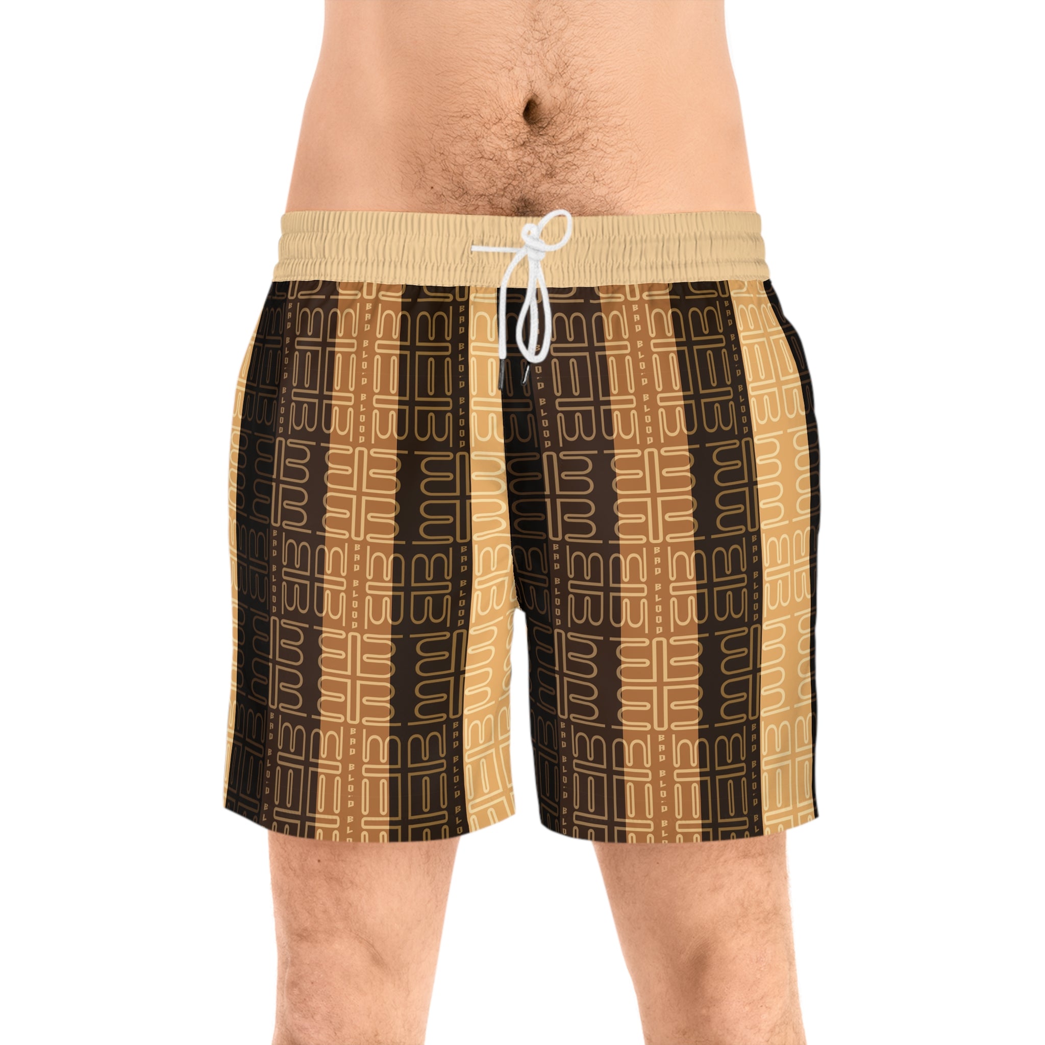 Brown Geometric Stripe Swim Shorts | Men's Mid-Length Swim Shorts