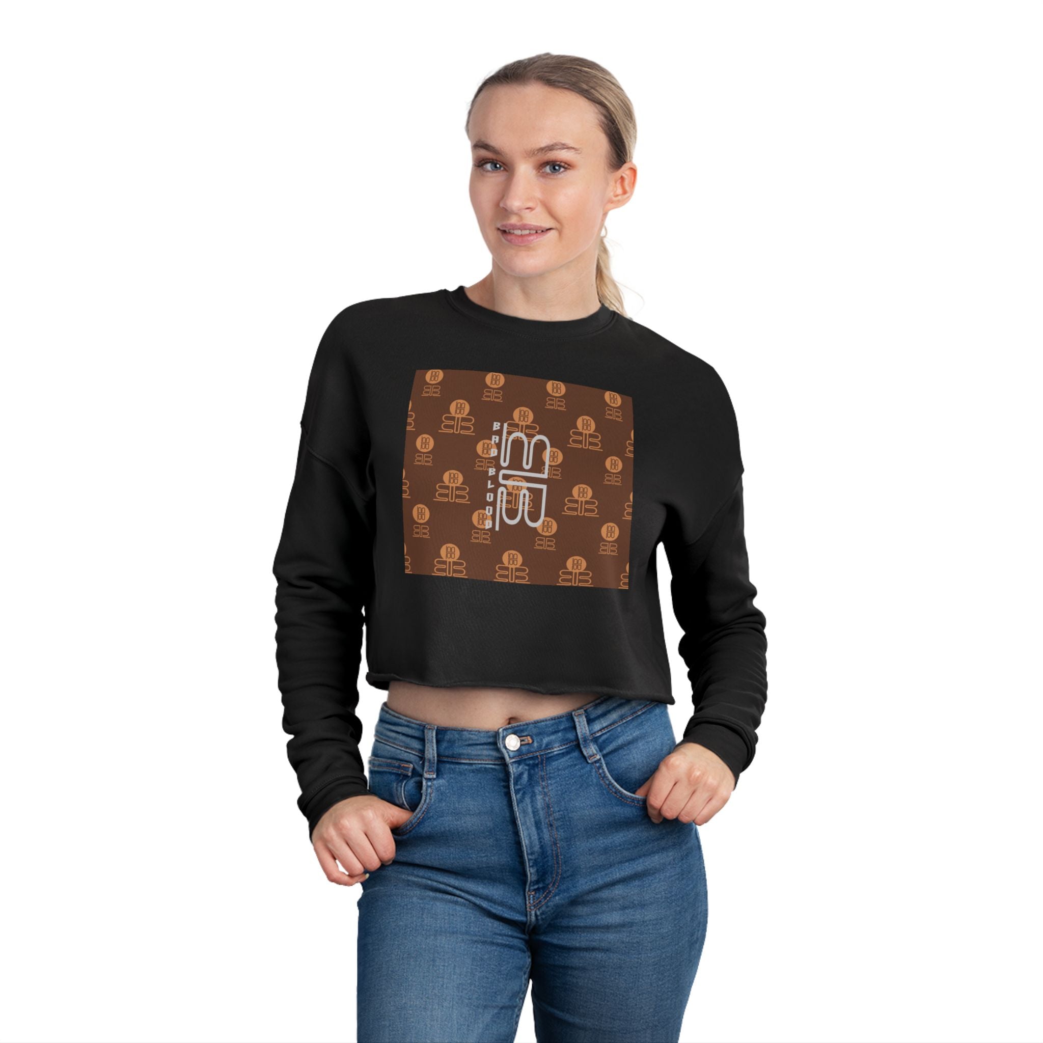 Retro Monogram Cropped Sweatshirt | Brown Geometric Logo Pattern, Streetwear Top