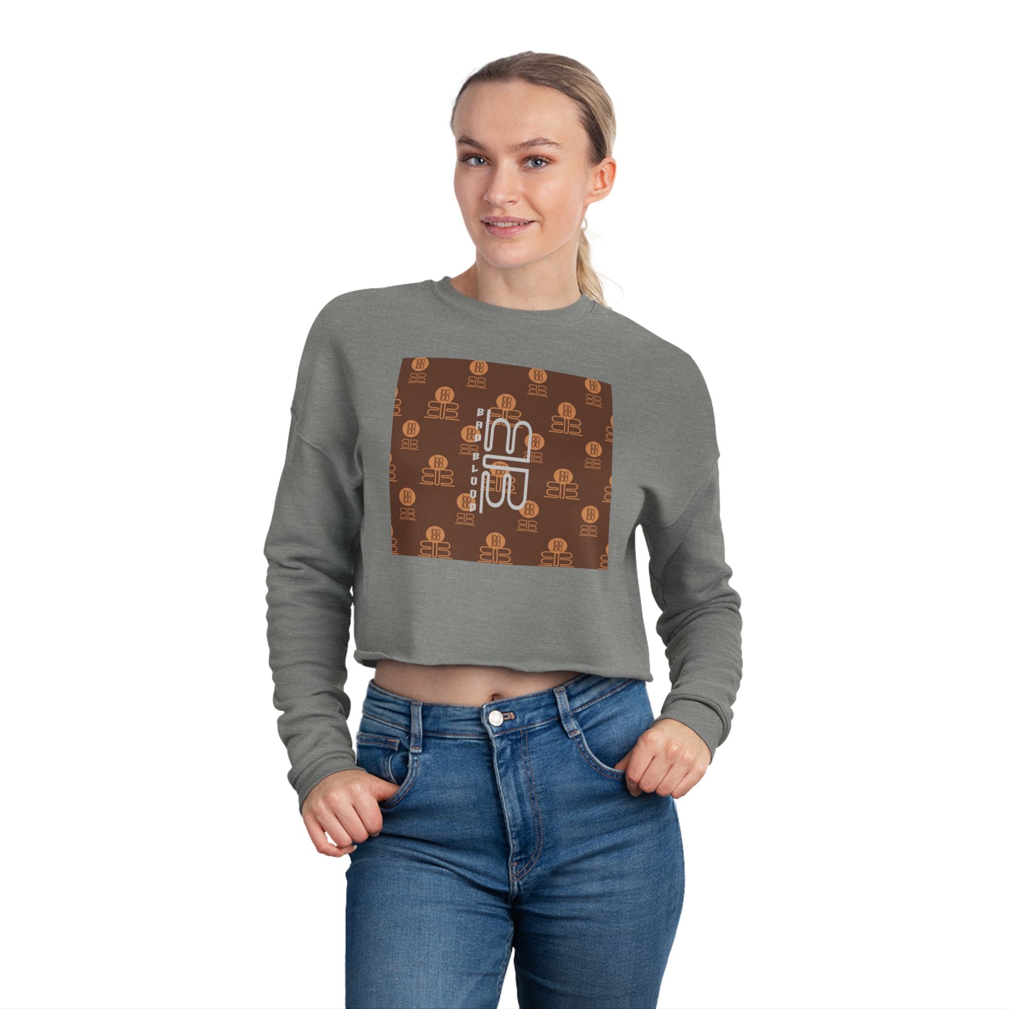 Retro Monogram Cropped Sweatshirt | Brown Geometric Logo Pattern, Streetwear Top