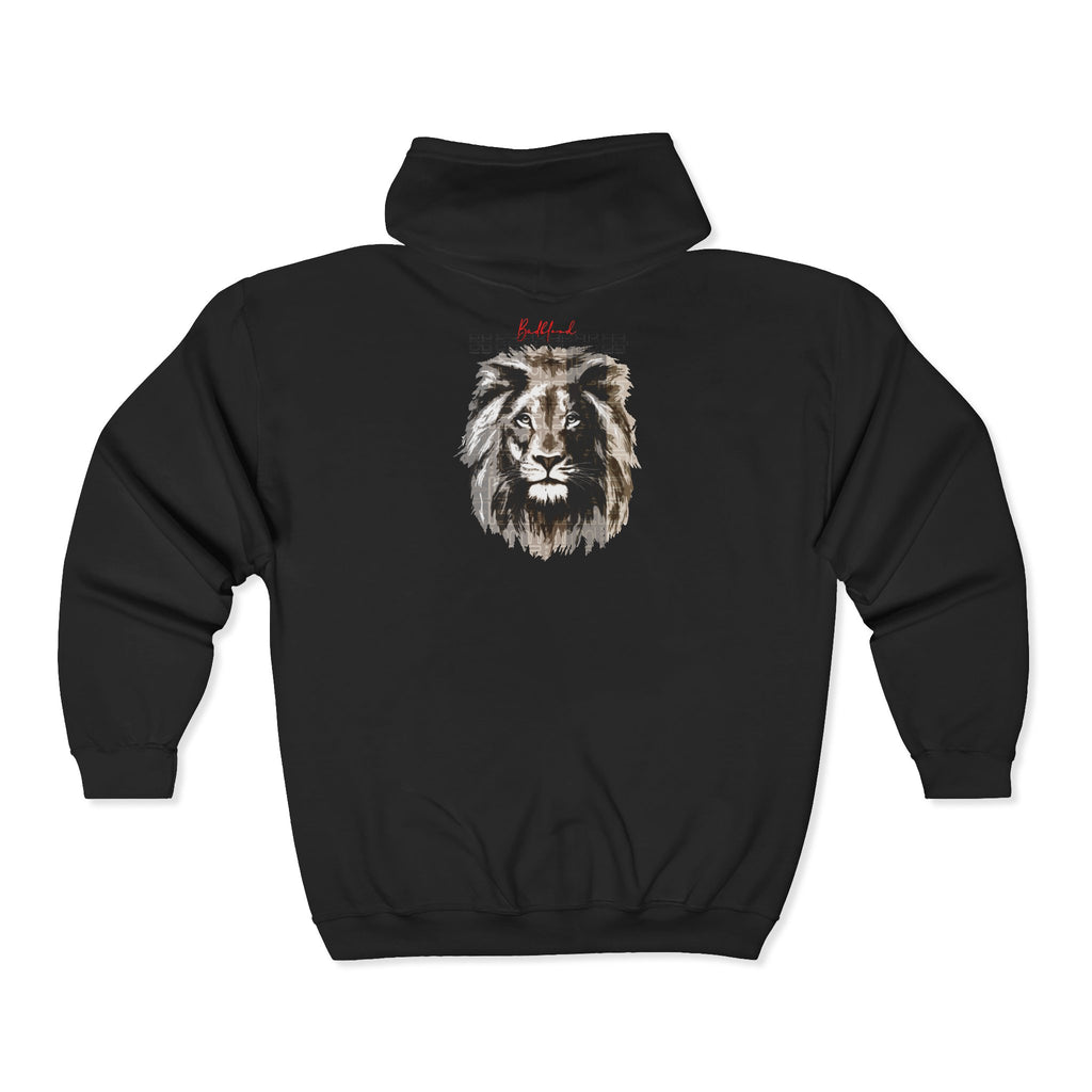 Lion Graphic Zip Hoodie — 'BeadBlood' Signature Script Chest, Bold Back Lion Design