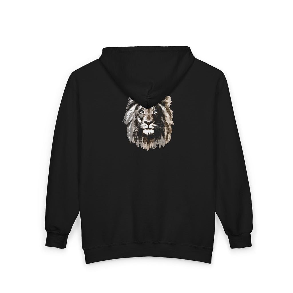 Lion Graphic Zip Hoodie — 'BeadBlood' Signature Script Chest, Bold Back Lion Design