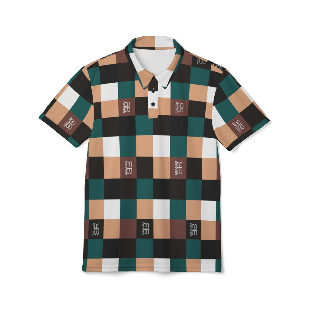 BB Plaid Polo Shirt — Teal, Brown & Beige Checkered Performance Tee
