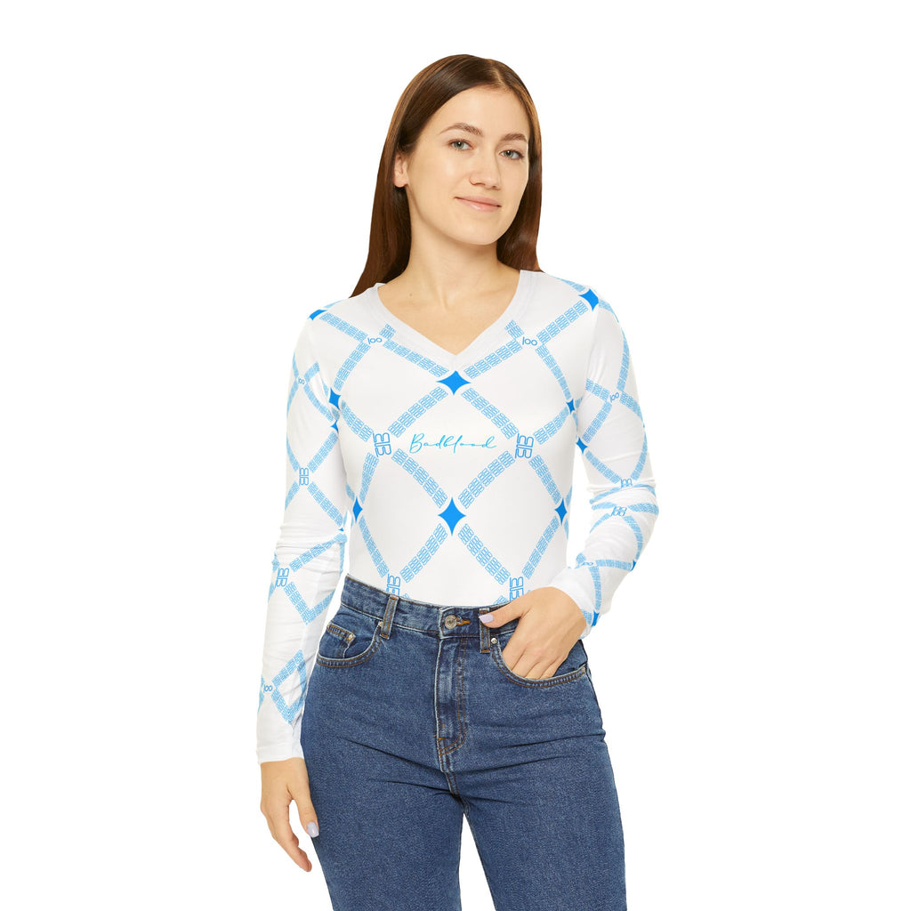 Geometric Pattern V-Neck Top for Women | Lightweight Long Sleeve Shirt